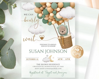 Editable  Bear Baby Shower Invitation, We Can Bearly Wait Boy, Green Bear Balloons, Bear with Sage Balloons Baby Shower Invitation Boy