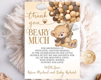 Editable Bear Thank You Card Brown and Cream, Hot Air Balloon Bear Baby Shower Thank You Card for Boy, Thank You Baby Shower Cute Balloons