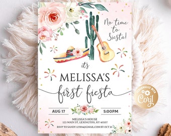 Editable Fiesta Birthday Invitation First Fiesta Birthday, Mexican Theme Party for Girl, Cactus Roses Pink Gold Glitter, Mexican Theme Party