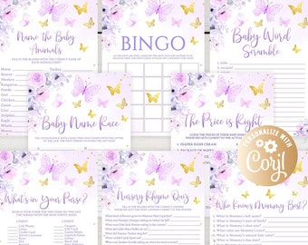 Butterfly Baby Shower Game Package Purple Pink,Gold 8 Printable Pink Butterfly Baby Shower Games Party Pack, Butterfly Answers included