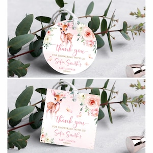 May include: Pink and gold thank you tags with a floral design and a cute deer illustration. The text reads "thank you for showering with us! Sofia Smith's Baby Shower".