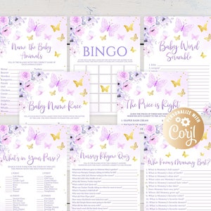 Butterfly Baby Shower Game Package Purple Pink,Gold 8 Printable Pink Butterfly Baby Shower Games Party Pack, Butterfly Answers included