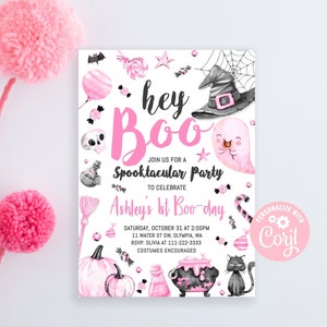 Editable Hey Boo Birthday Party Invitation, Halloween 1st Birthday Invitation,Pink Hey Boo Halloween Party Invite, Girl Halloween Invitation