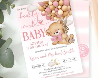 Bear Baby Shower Invitation Girl, Pink Baby Bear Invite, Girl Bear Balloons Baby Shower Invitation, Pink Editable We Can Bearly Wait