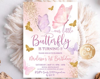 Butterfly Birthday Invitation, Girl Butterfly Party, Purple Butterfly Birthday Invite, First Birthday Invitation, Gold Butterflies Decor