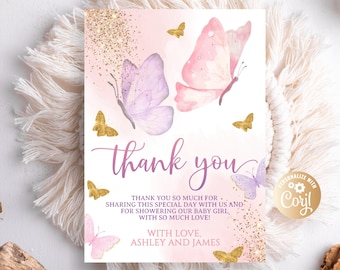 Editable Butterfly Thank You Card, Butterfly Baby Shower Thank You Card for Girl, Purple Gold Butterfly Thank You Card Baby Shower