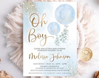 Editable Oh Boy Baby Shower Invitation, Boy Navy Blue Balloon Baby Shower Invitation, Blue Baby Shower Watercolor Blue Gold Glitter Template