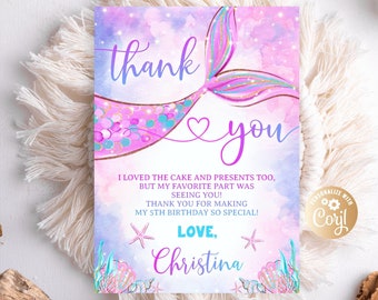 Tarjeta de agradecimiento de cumpleaños de sirena editable, tarjeta de agradecimiento de cumpleaños de sirena para niña, tarjeta de agradecimiento de sirena morada, rosa y dorada, acuarela de cumpleaños