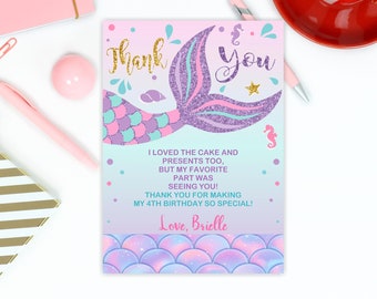 Mermaid thank you, mermaid thank you cards, Instant Download, Glitter Mermaid, thank you cards, thank you