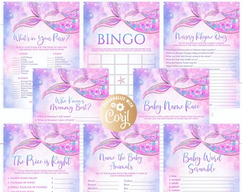 Mermaid Baby Shower Game Purple Package, 8 Printable Pink Mermaid Baby Shower Games Party Pack Mermaid Purple Games Bundle Answers included