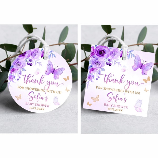 Editable Butterfly Baby Shower Favors Tags Circle, Butterfly Baby Shower Favors Tags, Butterfly Thank You Gift Tags Purple Lavender Square