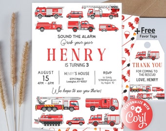 Firetruck Invitation, Firetruck Birthday Invitation, Fireman Birthday Invitation, Firefighter Birthday Invite,  Fireman free favor tags