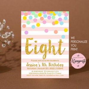 Girl 8th Birthday Invitation, Pink and Gold Eighth Birthday Invitation, 8th Birthday , Pink Invitation, Gold Invitation, Rainbow