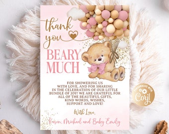 Editable Bear Pink Thank You Card, Hot Air Balloon Bear Baby Shower Thank You Card for Girl Gold Thank You Card Baby Shower Glitter Balloons