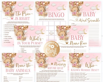 Editable Bear Pink Gold Baby Shower Game Package, 8 Printable Bear Girl Gold Balloons Baby Shower Games Party Pack, Games Answers included