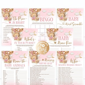 Editable Bear Pink Gold Baby Shower Game Package, 8 Printable Bear Girl Gold Balloons Baby Shower Games Party Pack, Games Answers included