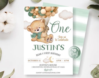 Bear Birthday Invitation, Bear-y First Birthday, Bear 1st Birthday Invite Boy, Editable Green Balloon, Bear Balloons Invitation,  Any Age