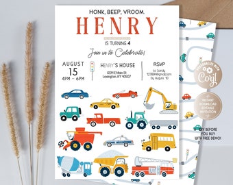 Transportation Birthday Invitation, Cars Birthday Invite, Truck Birthday Invitation, Truck and Cars Birthday, Editable printable truck car