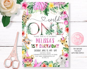 EDITABLE Safari Birthday Invitation Girl, Wild One Birthday Invitation Girl, 1st Birthday Invitation Girl, Wild One Birthday Invite Jungle