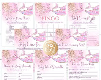 Mermaid Baby Shower Game Package,8 Printable Pink Mermaid Baby Shower Games Party Pack, Mermaid Printable Games Bundle Answers included