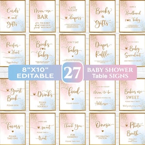 Bundle modifiable de signes de baby shower révélant le sexe, signes de Table de baby shower bleu et rose imprimables garçon ou fille, lui ou elle signe de table paillettes