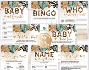Pacote de Jogos para Chá de Bebê com Tema de Leopardo para Menino, 8 Jogos Imprimíveis para Chá de Bebê com Tema de Safari na Selva e Leopardo, Pacote de Jogos para Chá de Bebê com Tema de Leopardo