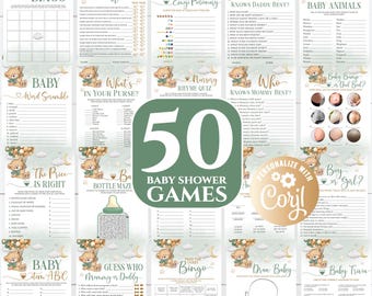 Puede incluir: Un conjunto de 50 juegos de baby shower imprimibles con un lindo tema de osito de peluche. Los juegos incluyen bingo, verdadero o falso, adivina quién, y más. Los juegos están diseñados en un esquema de color verde y marrón con un acento dorado.