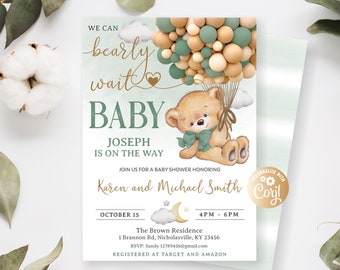 Editable Bear Baby Shower Invitation, We Can Bearly Wait Boy, Green Bear Balloons, Bear with Sage Balloons Baby Shower Invitation