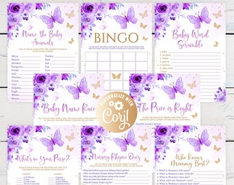 Butterfly Baby Shower Game Package Purple Gold, 8 Printable Pink Butterfly Baby Shower Games Party Pack, Games Bundle Answers included