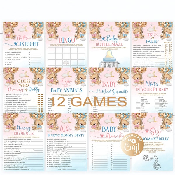 Bears Twins Girl Boy Shower Games Package,  Printable Pink Blue Twins Bears Baby Shower Games Party Pack With Balloons Set Hot Air Balloon