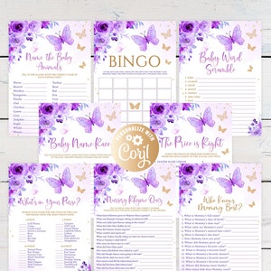 Editable Butterfly Baby Shower Game Bundle | Purple Gold Pink Party Pack | Printable Activity Sheet With Answers