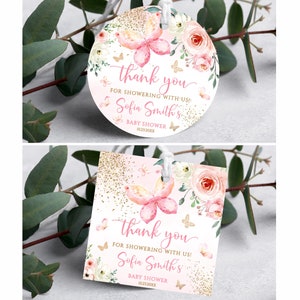Bearbeitbare Schmetterling Baby Shower Favors Tags Kreis Rosa Rosen Gold Glitter Greenery, Favors Tags, Schmetterling Danke Geschenk Tags Runde Quadrat