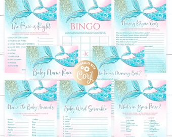 Mermaid Baby Shower Game Package, 8 Printable turquoise Mermaid Baby Shower Games Party Pack Mermaid Printable Games Bundle Answers included