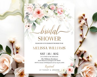 May include: A bridal shower invitation with a watercolor floral design in shades of pink and green. The text reads "bridal shower" in gold script, followed by "Please join us to celebrate the bride-to-be Melissa Williams". The date and time of the shower are listed as "Sat 25 Aug at 5 o'clock in the afternoon". The location is given as "The Williams Residence 362 E Main St, Lexington, KY 40507". The RSVP information is "RSVP to Sandy 127894@gmail.com by Aug 10, 20XX". The invitation also includes the text "Registered at Target & Amazon".