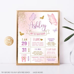 Signe modifiable d'affiche d'anniversaire de jalon de papillon, affiche d'anniversaire d'étape importante de papillon, tableau de premier anniversaire de papillon or rose violet