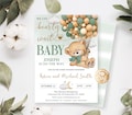 Editable Bear Baby Shower Invitation, We Can Bearly Wait Boy, Green Bear Balloons, Bear with Sage Balloons Baby Shower Invitation