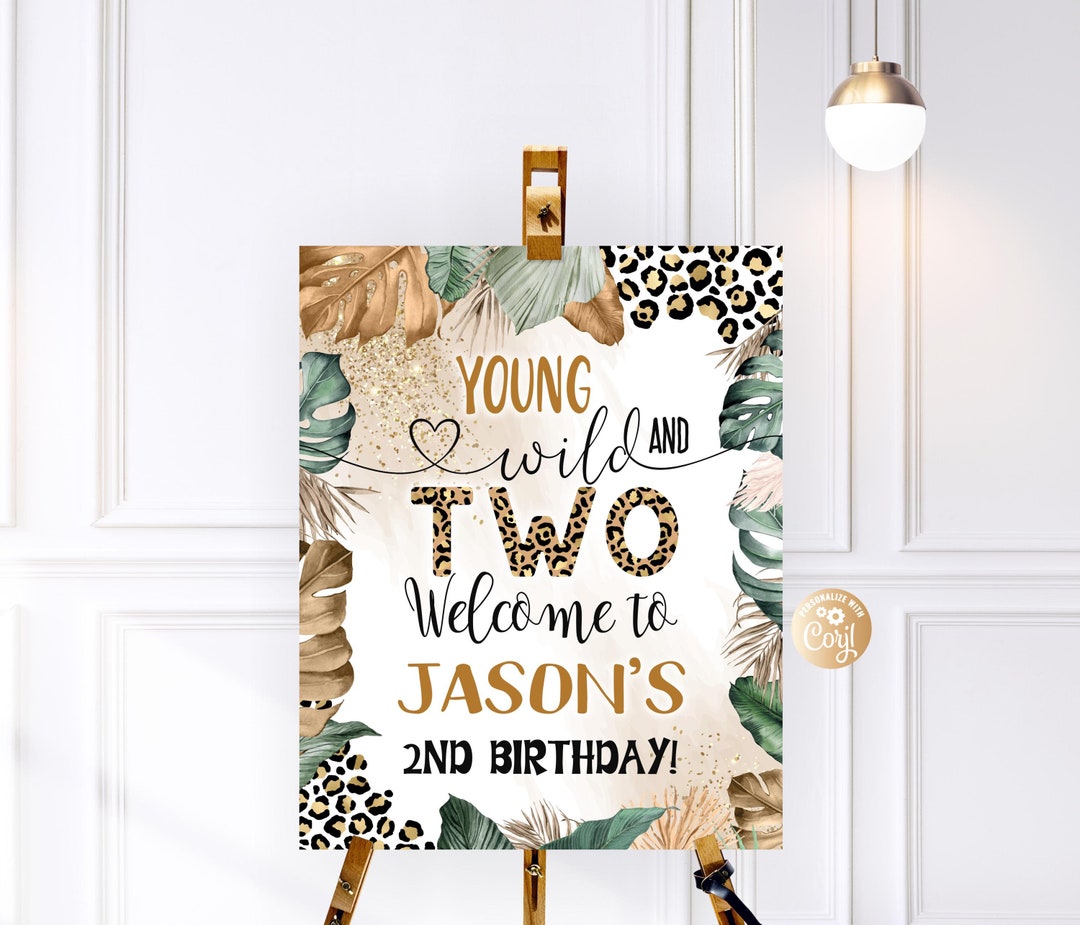 Young Wild Two Safari Welcome Sign for Boy, Editable Leopard Safari ...