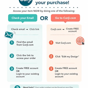 Final "Thank you for your purchase" graphic showing digital access options via Corjl account link or email.