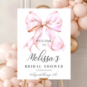 Cartello di benvenuto per la festa nuziale con fiocco rosa, poster per il brunch, fiocco rosa, fiocco per matrimonio con acquerello, cartello nuziale, cartello d&#39;ingresso minimalista con nastro rosa