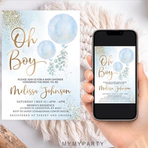 Mobile phone and printed invitation displaying the editable blue watercolor baby shower design.