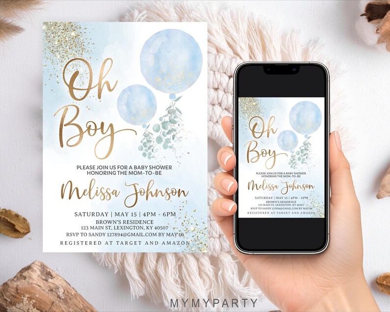 Mobile phone and printed invitation displaying the editable blue watercolor baby shower design.