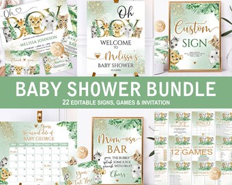 Kit Editável para Chá de Bebê com Tema Safari na Selva para Menino, Folhagem Verde e Dourada, Animais da Selva, Decoração em Aquarela para Chá de Bebê de Menino