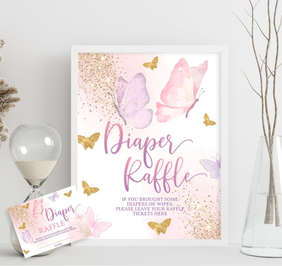 Butterfly Baby Shower Diaper Raffle Sign Purple Pink and Gold Butterfly Diaper Raffle Card, Butterfly Baby Shower Diaper Raffle Sign Tickets