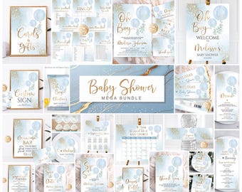 Puede incluir: Un paquete completo de papelería para baby shower con un esquema de color azul claro y dorado, con ilustraciones de globos y eucalipto. La colección incluye letreros, invitaciones, juegos, menús y etiquetas con texto en letra dorada.