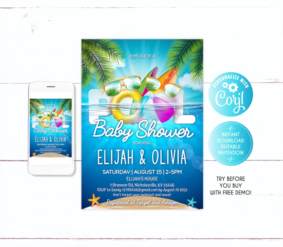 Pool party baby shower invitation Pool baby shower Etsy