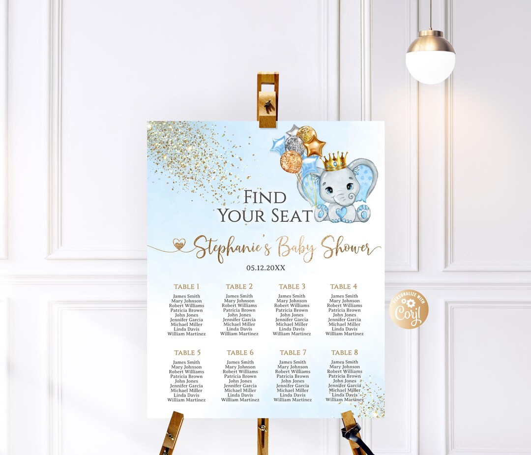 Editable Elephant Blue Find Your Seat Balloon Coordinating Sign Table ...