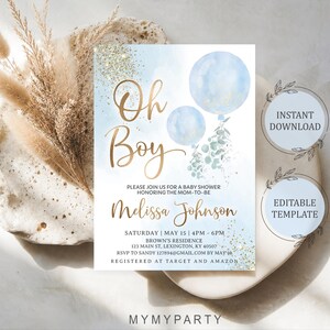 Digital invitation template with matching elements for an elegant boy baby shower theme.