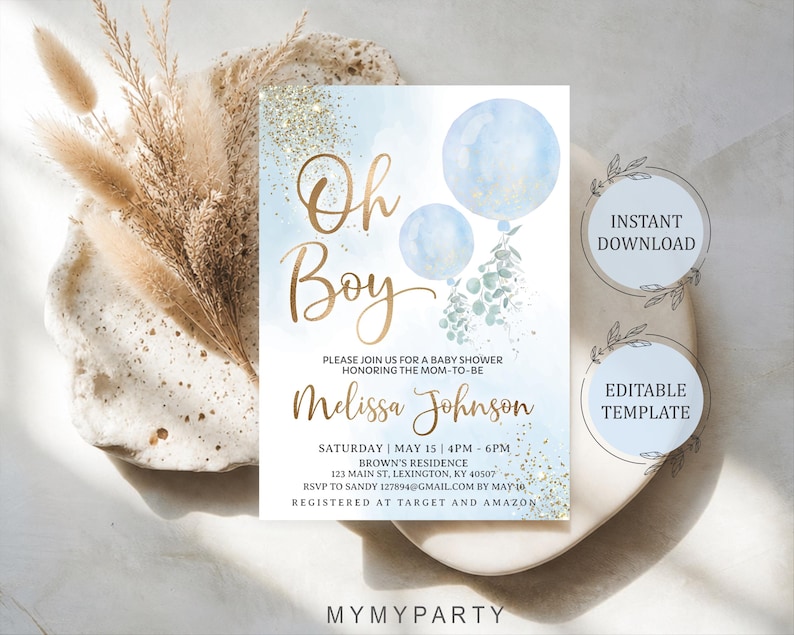 Digital invitation template with matching elements for an elegant boy baby shower theme.