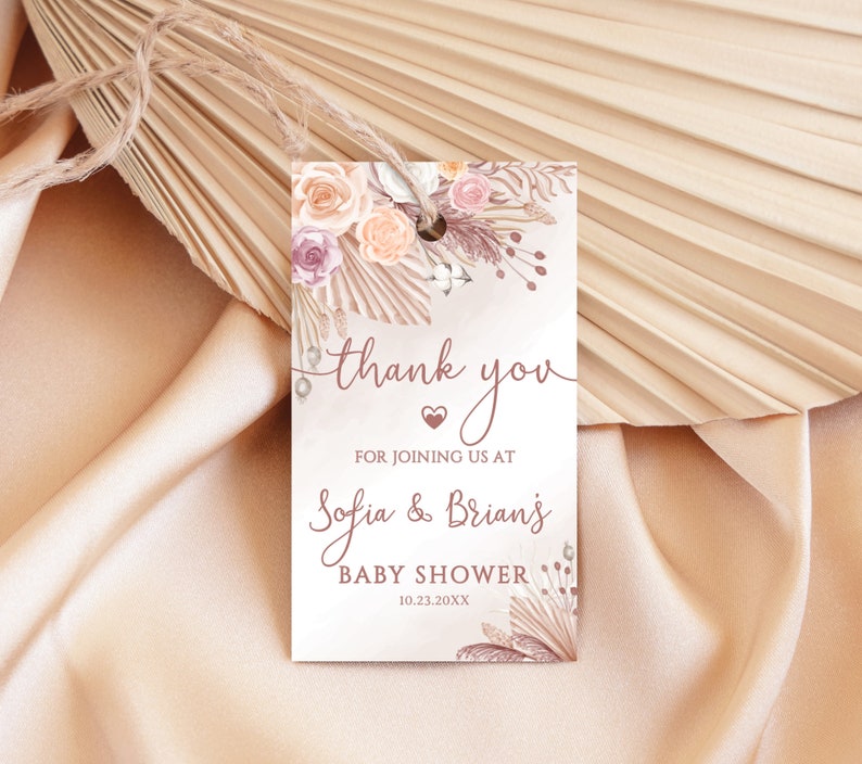 Editable Boho Thank You Tags, Pampas Grass Baby Shower Favor Tag ...