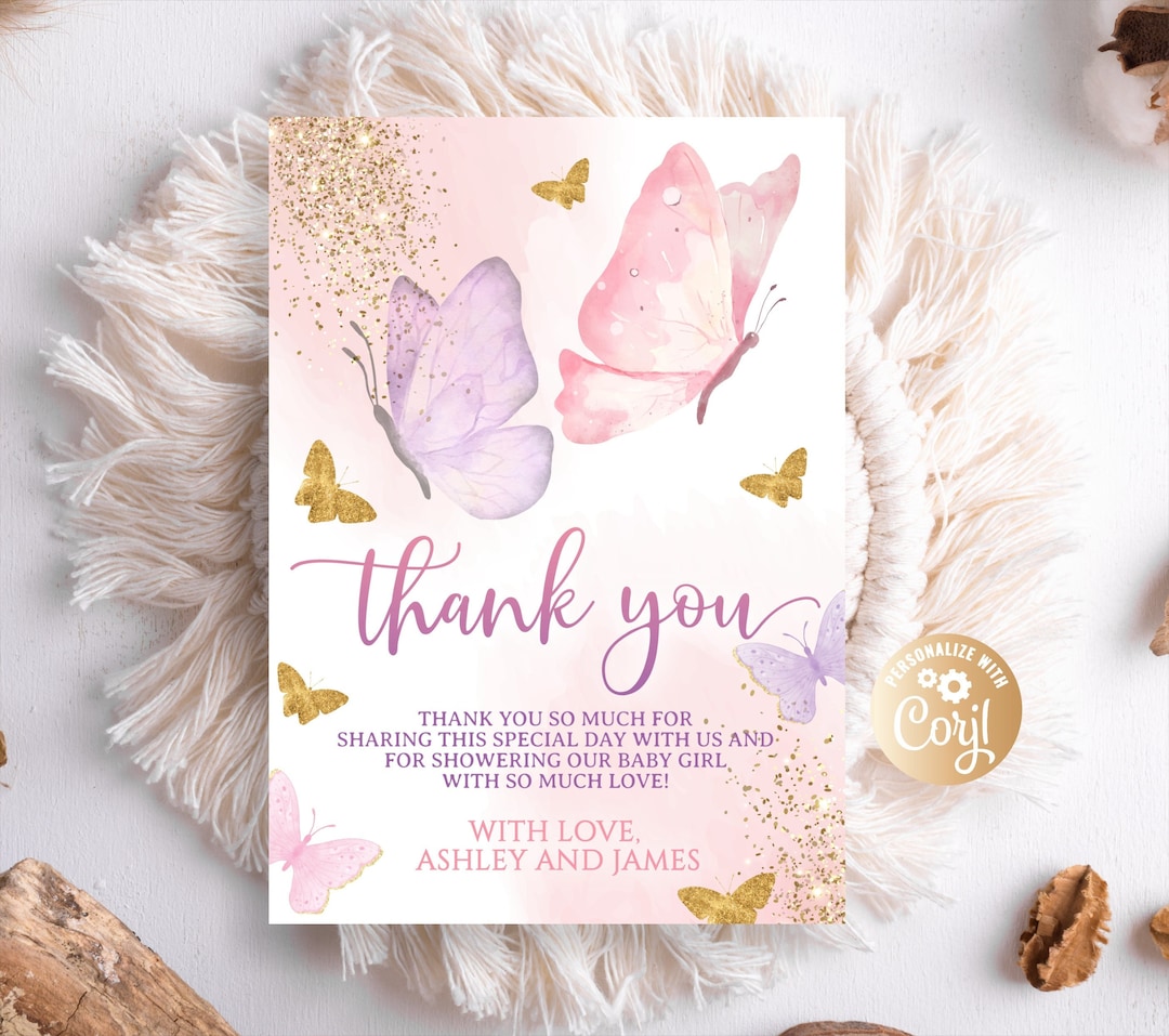 Editable Butterfly Thank You Card, Butterfly Baby Shower Thank You